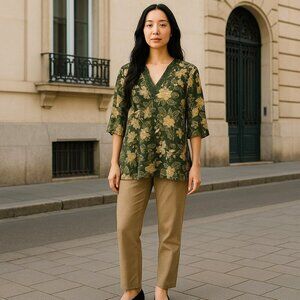 Only Necessities Womens Large Green Floral 3/4 Sleeve V Neck Blouse Top Size L